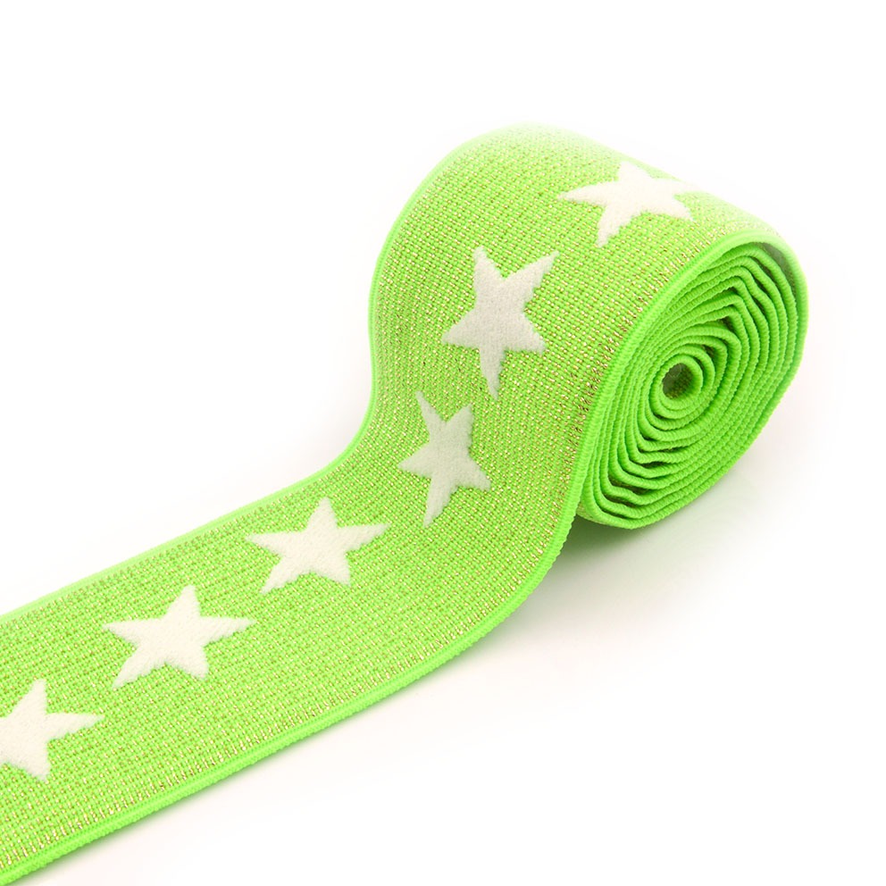 Bieliźniana guma tkana żakardowa ze wzorem w kolorze jaskrawo zielonym ze złotą nicią.