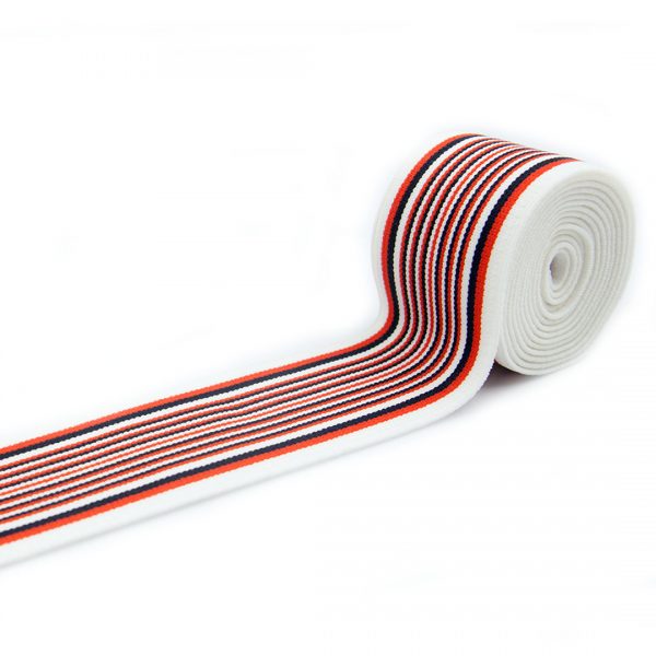 Guma tkana w paski w kolorze białym, czarnym i czerwonym do odzieży sportowej.