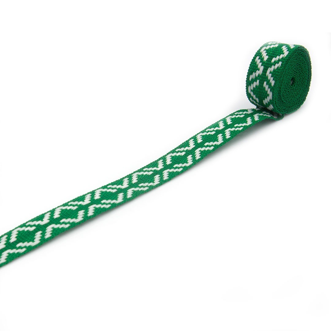 Lamówka tkana w kolorze zielonym z białym wzorem, do odzieży i tkanin dekoracyjnych.