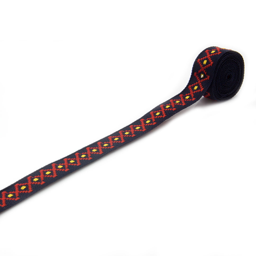 Lamówka tkana w kolorze czarnym z czerwono-żółtym wzorem do odzieży i tkanin dekoracyjnych.