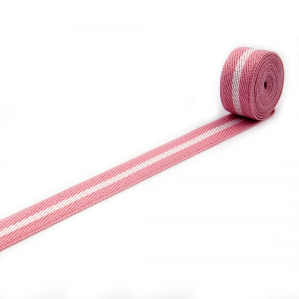 Taśma tkana w kolorze różowym z białym paskiem pośrodku do obuwia, wyrobów kaletniczych i technicznych.